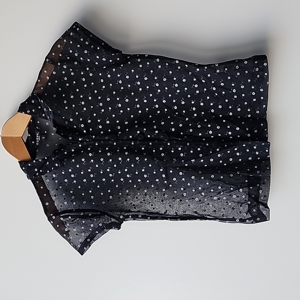 Vintage Guess Sheer Nylon Floral Y2K Cropped Button Up Short Sleeve Blouse